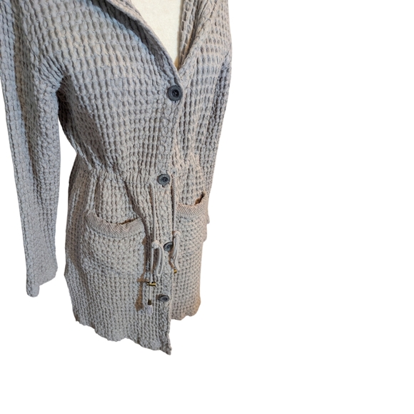 Mododoc Waffle Knit Hooded Gray Long Cardigan Duster Jacket Cinch Waist Size M - Picture 4 of 8